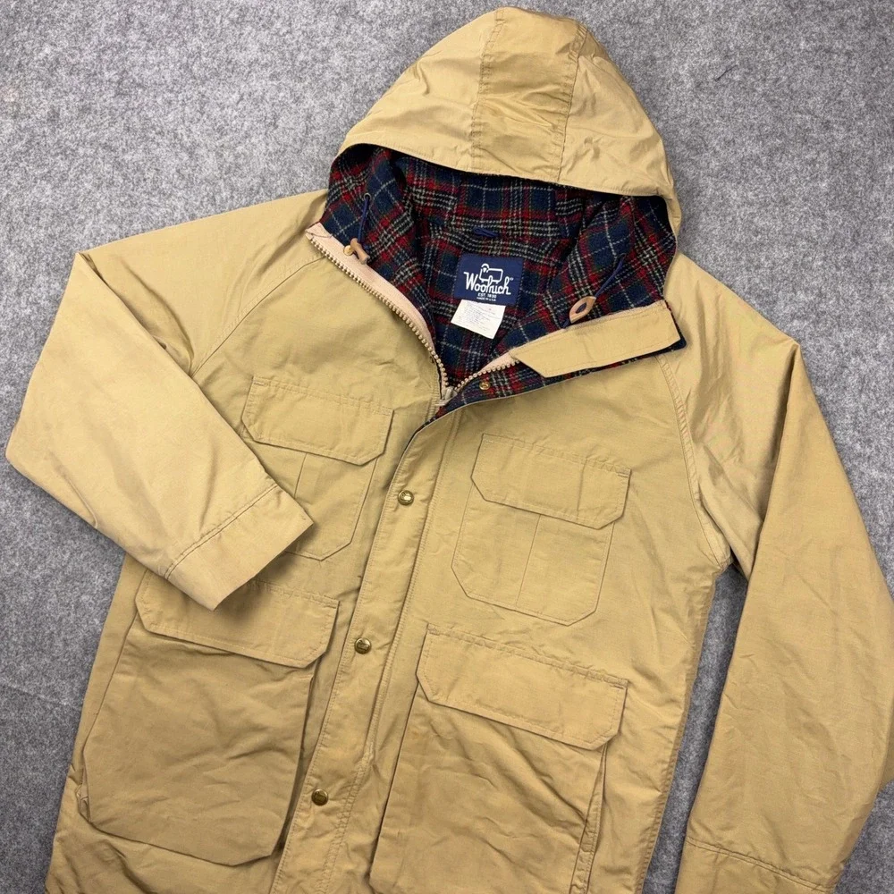 VTG Woolrich Jacket Mens Medium Tan Mountain Parka Wool Plaid Lined USA Made